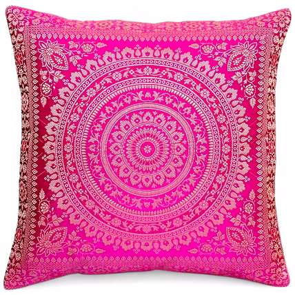 Handcrafted Brocade Silk Cushion Cover | Mandala Floral Design | Decorative Throw Pillowcase | 16x16 Inch-RED-1