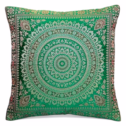 Handcrafted Brocade Silk Cushion Cover | Mandala Floral Design | Decorative Throw Pillowcase | 16x16 Inch-12753951