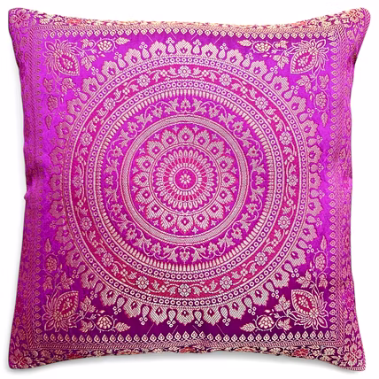 Handcrafted Brocade Silk Cushion Cover | Mandala Floral Design | Decorative Throw Pillowcase | 16x16 Inch-12753941