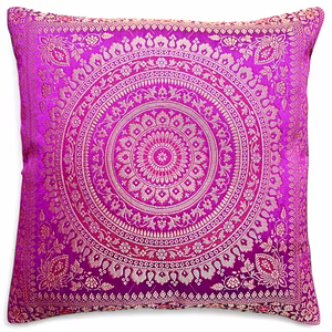 Handcrafted Brocade Silk Cushion Cover | Mandala Floral Design | Decorative Throw Pillowcase | 16x16 Inch