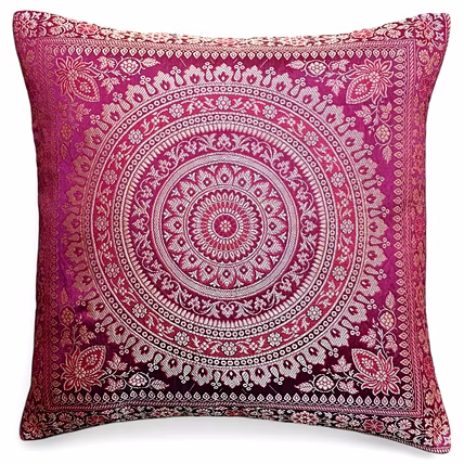 Handcrafted Brocade Silk Cushion Cover | Mandala Floral Design | Decorative Throw Pillowcase | 16x16 Inch-12753947
