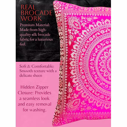 Handcrafted Brocade Silk Cushion Cover | Mandala Floral Design | Decorative Throw Pillowcase | 16x16 Inch-RED-3