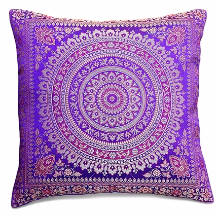 Handcrafted Brocade Silk Cushion Cover | Mandala Floral Design | Decorative Throw Pillowcase | 16x16 Inch-12753943