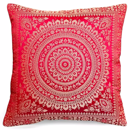 Handcrafted Brocade Silk Cushion Cover | Mandala Floral Design | Decorative Throw Pillowcase | 16x16 Inch-12753939