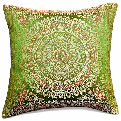 Handcrafted Brocade Silk Cushion Cover | Mandala Floral Design | Decorative Throw Pillowcase | 16x16 Inch-12753949