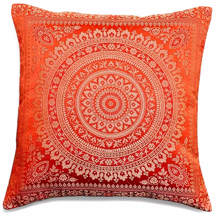 Handcrafted Brocade Silk Cushion Cover | Mandala Floral Design | Decorative Throw Pillowcase | 16x16 Inch-12753955