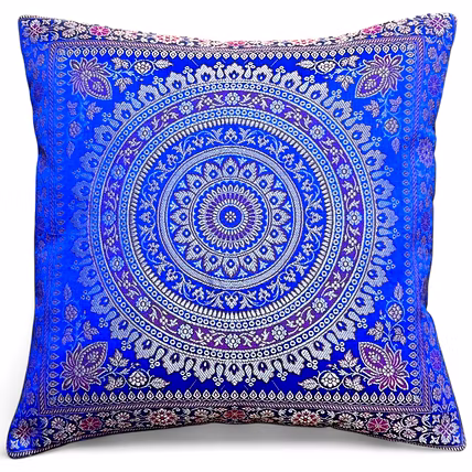 Handcrafted Brocade Silk Cushion Cover | Mandala Floral Design | Decorative Throw Pillowcase | 16x16 Inch-12753959