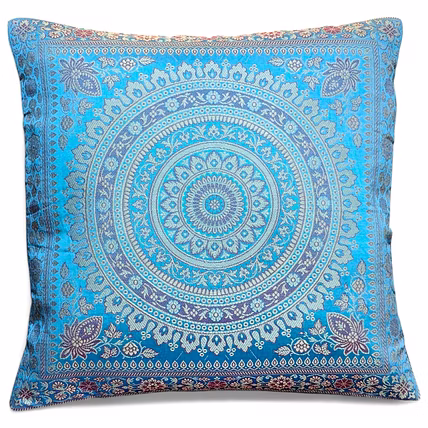 Handcrafted Brocade Silk Cushion Cover | Mandala Floral Design | Decorative Throw Pillowcase | 16x16 Inch-12753961