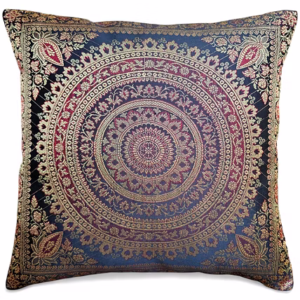 Handcrafted Brocade Silk Cushion Cover | Mandala Floral Design | Decorative Throw Pillowcase | 16x16 Inch-12753967