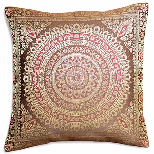 Handcrafted Brocade Silk Cushion Cover | Mandala Floral Design | Decorative Throw Pillowcase | 16x16 Inch