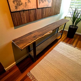 live edge teak console table with metal legs