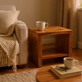 live edge teak wood bedside table with open shelf