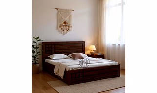 Wooden Brick Design Bed with Storage in Solid Teak
