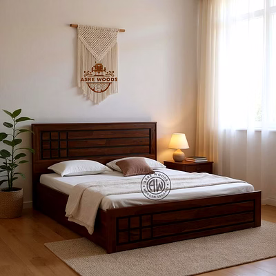 wooden brick design bed with storage in solid teak