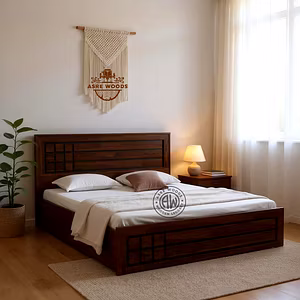 Wooden Brick Design Bed with Storage in Solid Teak