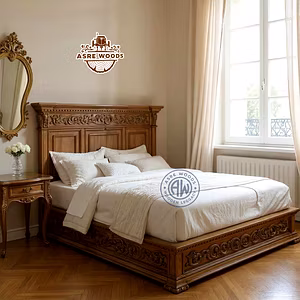 Maharaja Carved Teak Bed with High-Rise Headboard