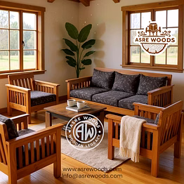 handcrafted slat-back teak sofa set for living rooms