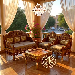 maharaja gold hand-carved teak sofa set – royal finish