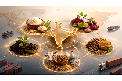 Indian food ingredients, organic fertilizers, and animal feed products prepared for global export so