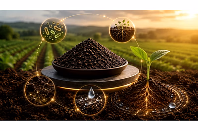 Organic Compost Granules for soil improvement, water retention, microbial activity, and sustainable 
