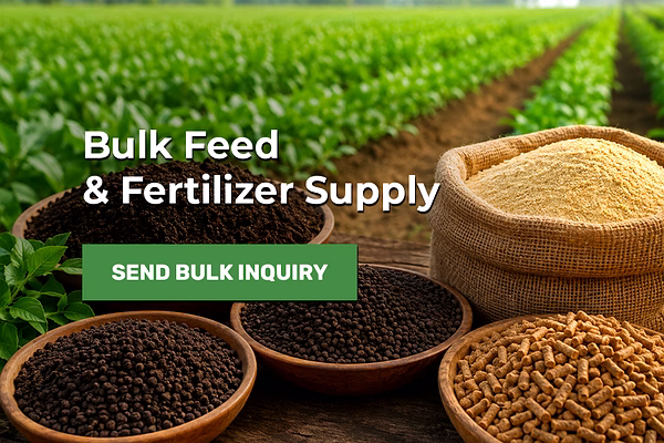 High-volume agricultural inputs display showcasing premium rice gluten feed, city compost granules,