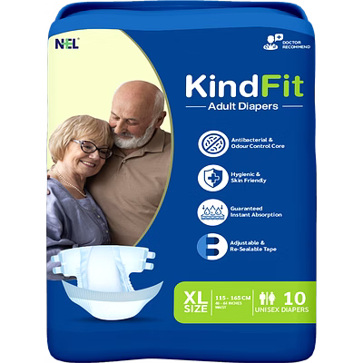 kindfit adult diaper tape style| (extra large) xl 10 count| waist (115-165cm|46-64 inch)| wetness indicator| extra absorbent| leak lock & odor control| super soft & comfortable| pack of 1