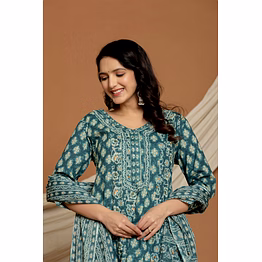 the navra cotton printed anarkali kurta pant duptta set / festival