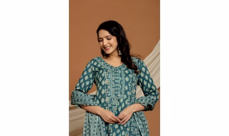 The Navra Cotton Printed Anarkali Kurta Pant Duptta set / Festival