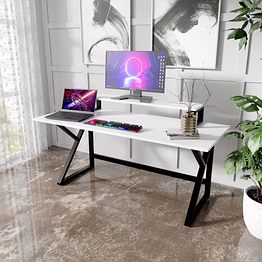 meja computer table with monitor riser - stylish white desk