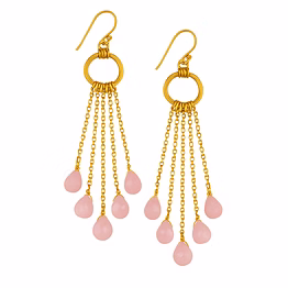 natural rose quartz dangle earring, brass with 22k gold pated earring, jewelry expo
