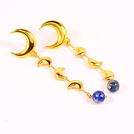 crescent moon dangle earring with lapis gemstone, brass 18k gold plated, gifts jewelry