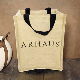 branded jute promotional bag with black handles – eco-friendly reusable