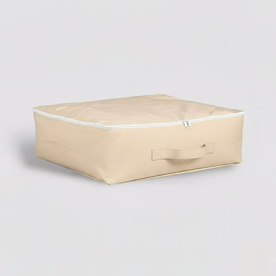 premium fabric storage bag for clothes | large foldable wardrobe organizer with handle & zipper | beige garment and saree storage box