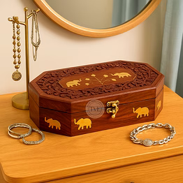 wooden jewelry storage box with hinged lid