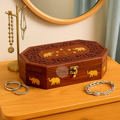 wooden jewelry storage box with hinged lid