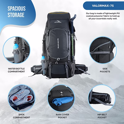 trawoc valor max 75l travel backpack camping hiking bag rain cover shoe compartment