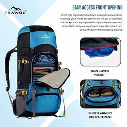 trawoc gritmax 55l travel backpack front & top open for hiking trekking bag
