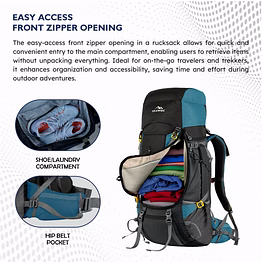 trawoc terrabound 60l travel backpack trekking camping bag front &top loading