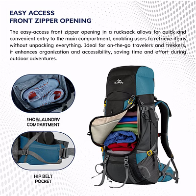 trawoc terrabound 60l travel backpack trekking camping bag front &top loading