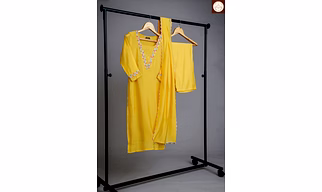 Women’s Yellow Mal Chanderi Embroidered 3-Piece Cotton Suit Set with Scallop Dupatta