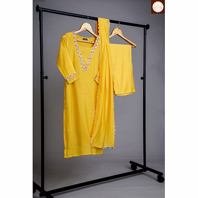 women’s yellow mal chanderi embroidered 3-piece cotton suit set with scallop dupatta