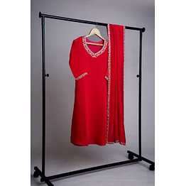 women's red chanderi embroidered kurti with dupatta set
