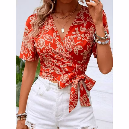 Women's Floral Printed Wrap Blouses-6