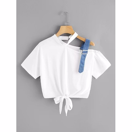 Asymmetrical Neck Knot Hem T Shirt-10