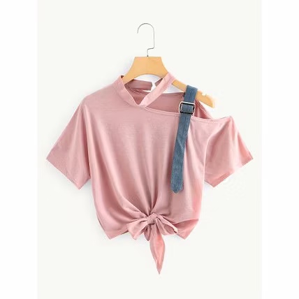 Asymmetrical Neck Knot Hem T Shirt-1