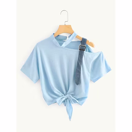Asymmetrical Neck Knot Hem T Shirt-2