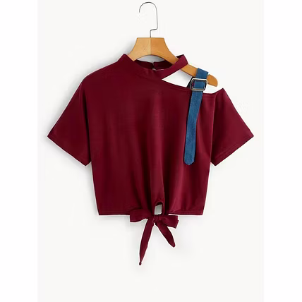 Asymmetrical Neck Knot Hem T Shirt-3
