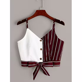 Striped Panel Button Front Knot Hem Cami Top