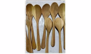 wooden glass, spoon, toaster, bowl, plates, fork