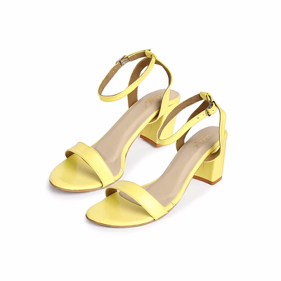 3 inch block heel | snake pattern | buttercup yellow colour with ankle strap